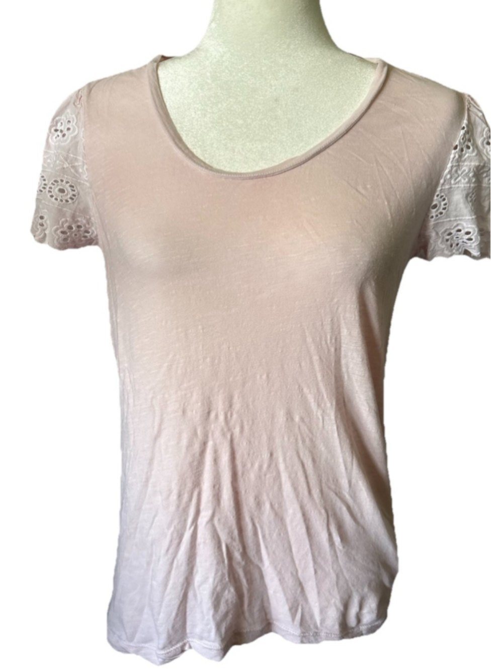 Lucky Brand Pink Cotton Slub T-Shirt Women Medium Eyelet Lace Short Sleeve FLAWS